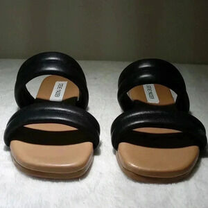 Steve Madden Black Double-Strap Slide Sandals with Tan Footbed